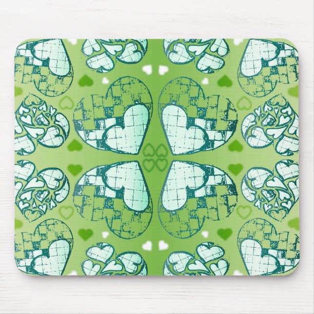 Green and white Whimsical Romantic Hearts pattern Mouse Pad (Front)
