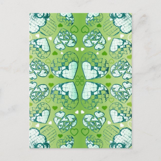 Green and white Whimsical Romantic Hearts pattern Postcard (Front)