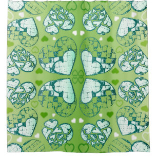Green and white Whimsical Romantic Hearts pattern Shower Curtain