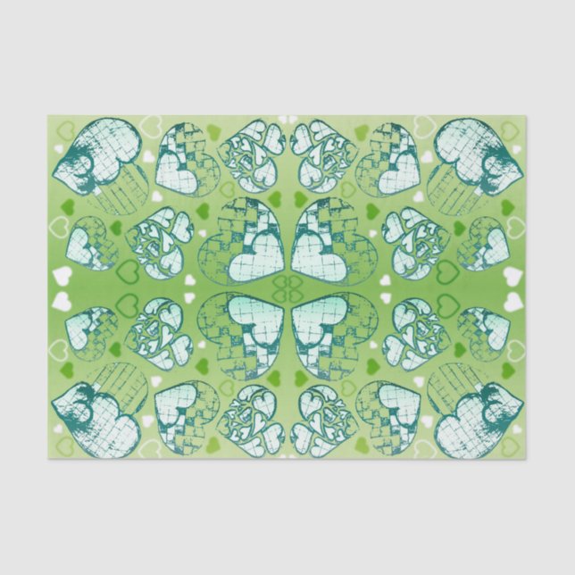 Green and white Whimsical Romantic Hearts pattern Tissue Paper (Front)