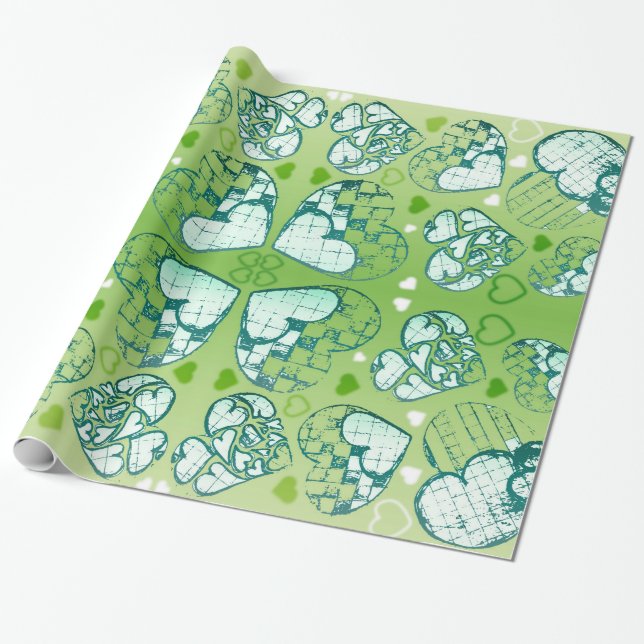 Green and white Whimsical Romantic Hearts pattern Wrapping Paper (Unrolled)