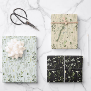 Green and White Wildflowers Wrapping Paper Sheet