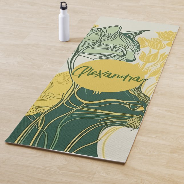 Green and Yellow Boho Style Personalised Cat Lover Yoga Mat (In Situ)