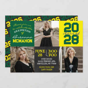 Green and Yellow Chalkboard 3 Photo Graduation Invitation