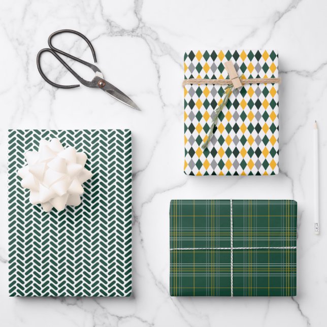 Green and Yellow Gold Mixed Patterns Wrapping Paper Sheet (Front)