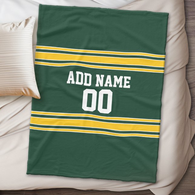Green and Yellow Gold Striped Personalised Sports Fleece Blanket (Personalized fleece blanket - Sports Theme)