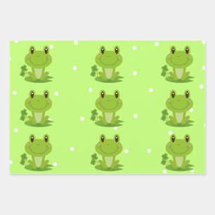 Green And Yellow Happy Frog White Polka Dot Wrapping Paper Sheet