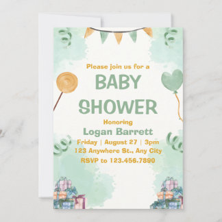 Green and Yellow Illustrative Cute Baby Shower Invitation