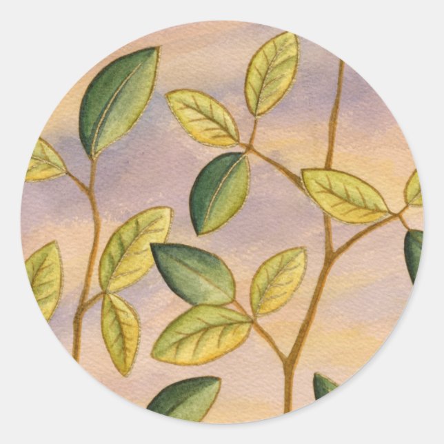 Green and Yellow Leaves on Sunset Background Classic Round Sticker (Front)