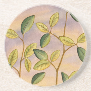 Green and Yellow Leaves on Sunset Background Coaster