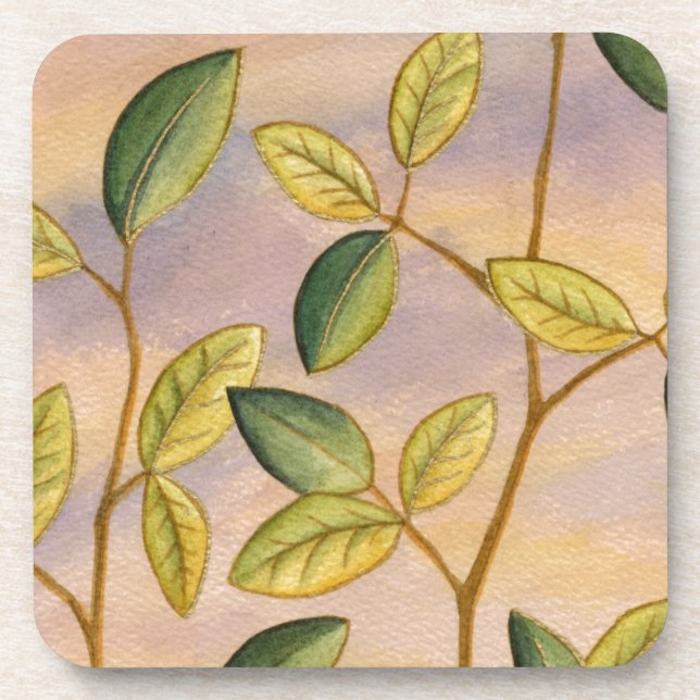 Green and Yellow Leaves on Sunset Background Coaster (Front)