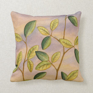 Green and Yellow Leaves on Sunset Background Cushion