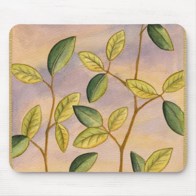 Green and Yellow Leaves on Sunset Background Mouse Pad (Front)