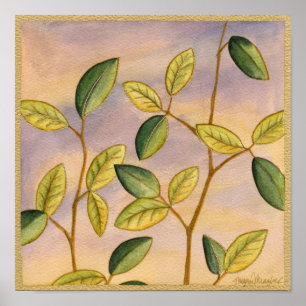 Green and Yellow Leaves on Sunset Background Poster