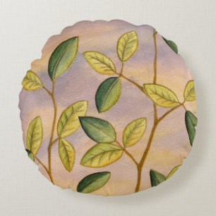 Green and Yellow Leaves on Sunset Background Round Cushion