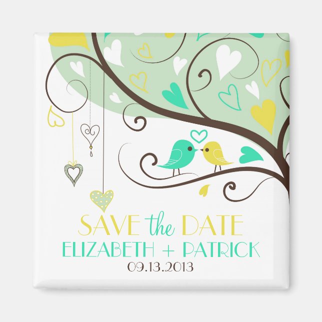 Green and Yellow Love Birds Save the Date Magnet (Front)