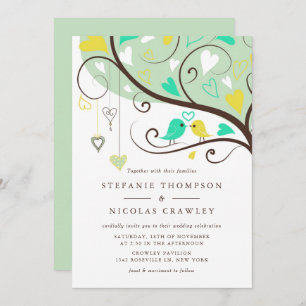 Green and Yellow Love Birds Wedding Invitation