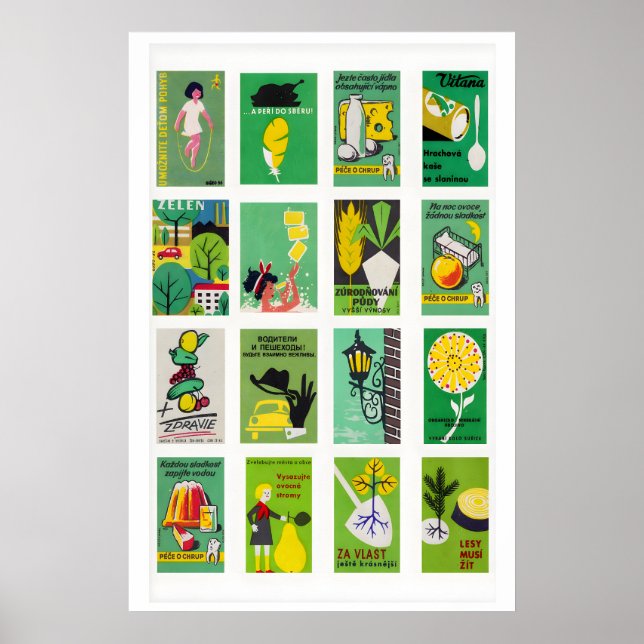 Green and Yellow Matchbox Label Collage, sunny Poster (Front)