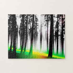 Green and Yellow Mist in Black Silhouette Forest Jigsaw Puzzle