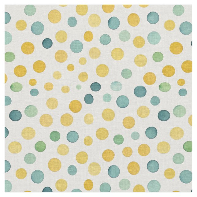 Green and yellow polka dots on a white background fabric (Close Up)