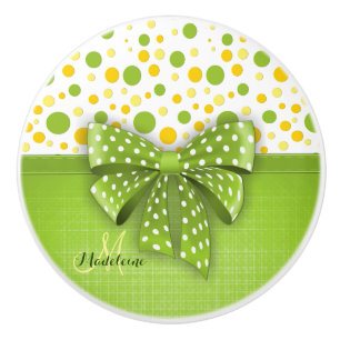 Green and Yellow Polka Dots, Spring Green Ribbon Ceramic Knob