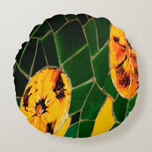 Green and Yellow Spanish Mosaic  Round Cushion