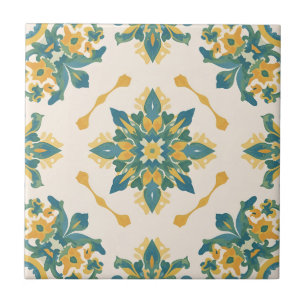 Green and Yellow Starburst Floral Ceramic Tile