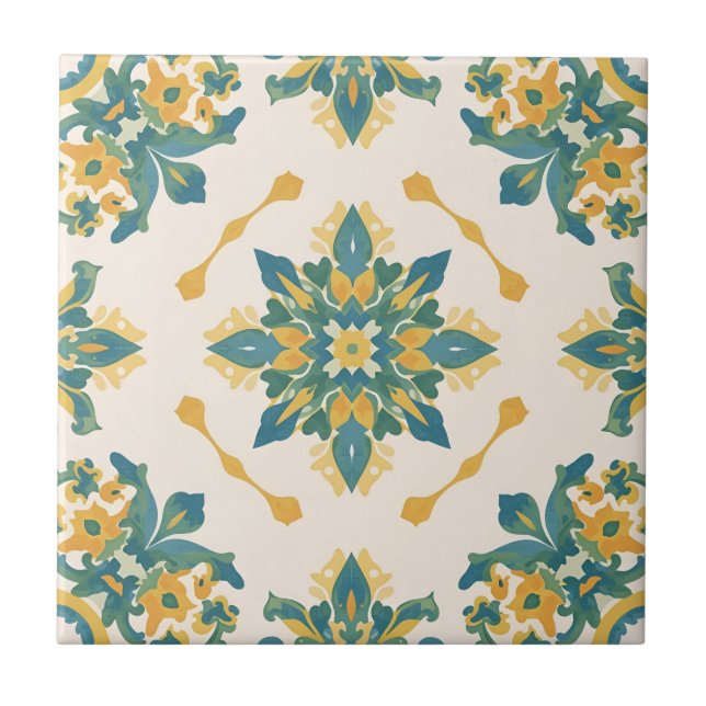 Green and Yellow Starburst Floral Ceramic Tile (Front)