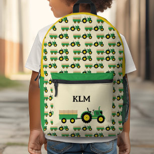 Green and Yellow Tractor Farm Monogram Printed Backpack