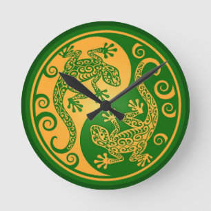 Green and Yellow Yin Yang Geckos Round Clock