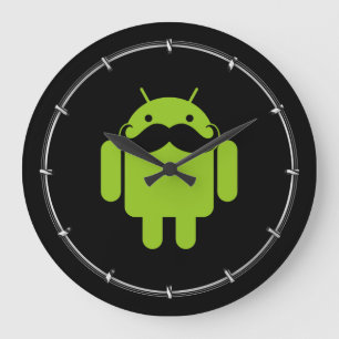 Green Android Robot Moustache on Black Large Clock