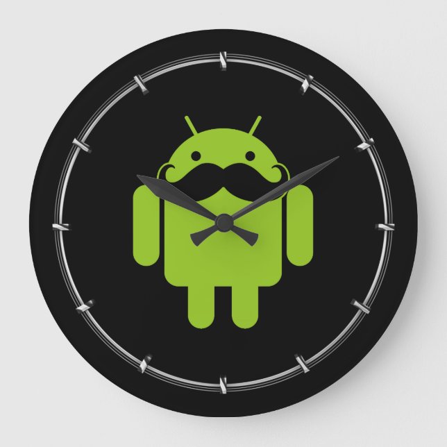 Green Android Robot Moustache on Black Large Clock (Front)