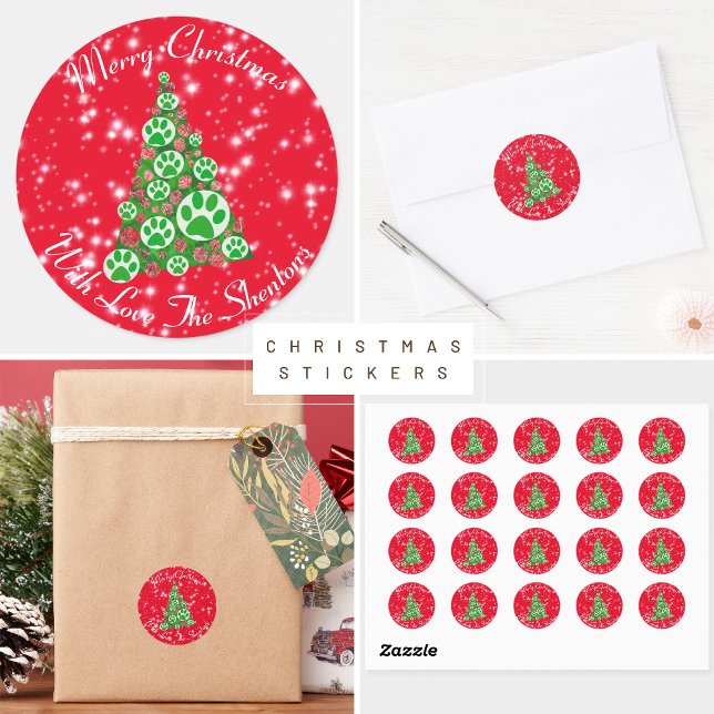 Green Animal Paw Silhouette Christmas Tree Red Classic Round Sticker (Green paws animal Christmas Stickers)