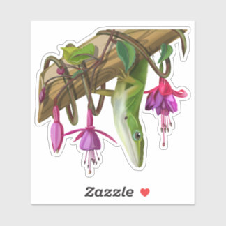 Green anole with Fuchsias