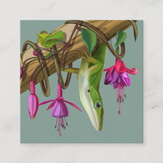 Green anole with Fuchsias Enclosure Card