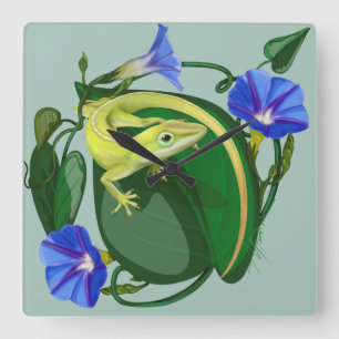 Green Anole with Morning Glory  Square Wall Clock