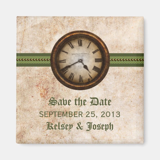 Green Antique Clock Save the Date Magnet (Front)