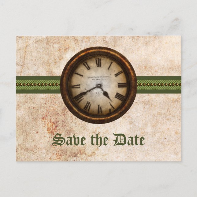 Green Antique Clock Save the Date Postcard (Front)