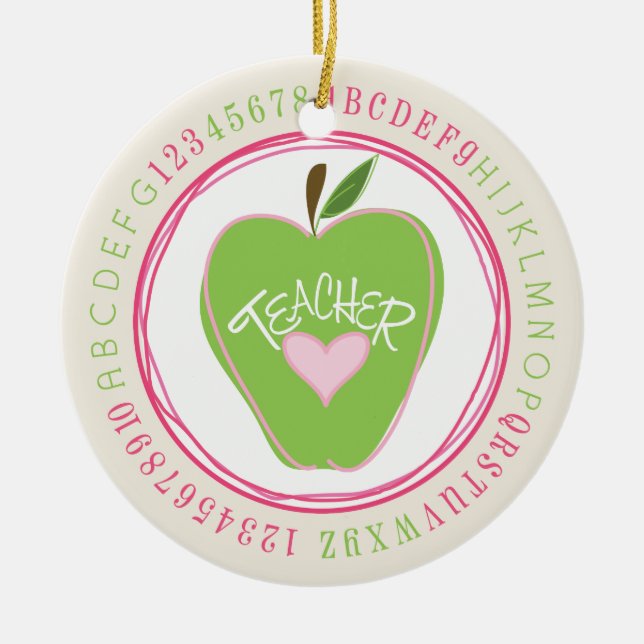 Green Apple & Alphabet Teacher Ornament (Front)