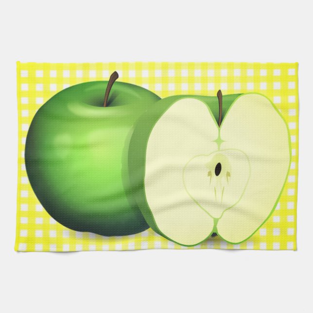 Green Apple and Yellow Checked Kitchen Towel (Horizontal)