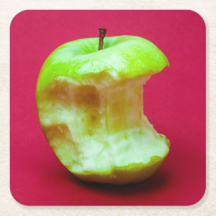 Green apple nibbled square paper coaster