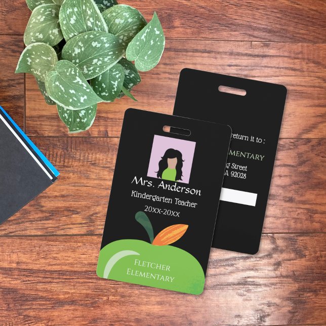 Green Apple School Staff Black Photo ID Badge (Green apple school staff vertical black photo ID badge .)