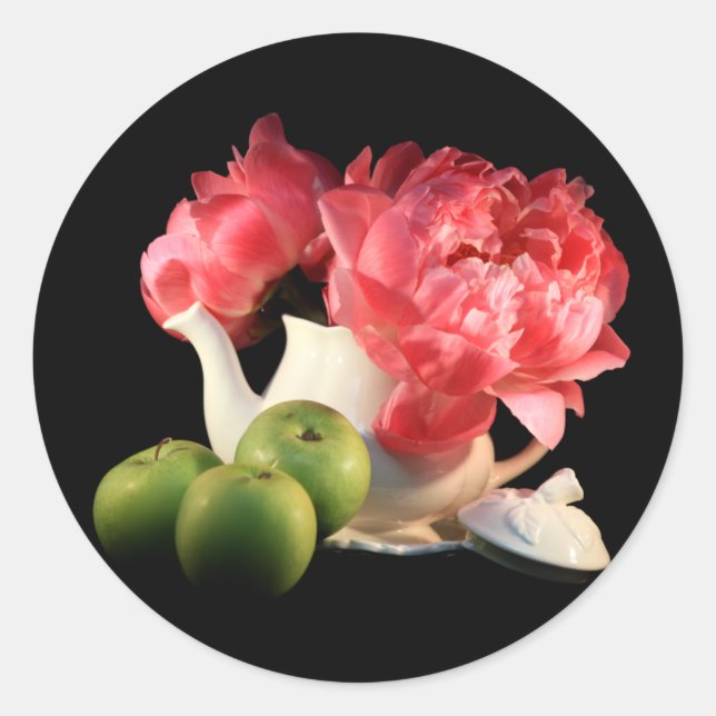 Green Apples And Peonies In A Teapot Classic Round Sticker (Front)