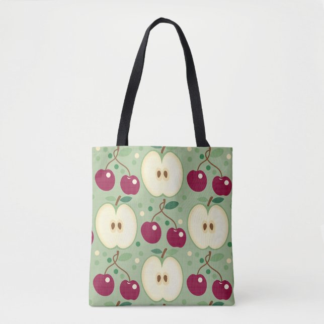 Green Apples And Red Cherries Tote Bag (Sage) (Front)