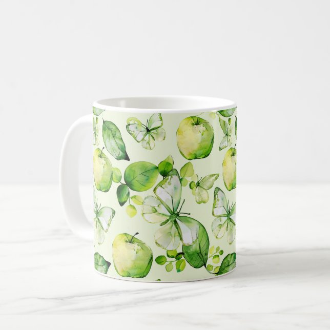 Green Apples Butterflies Coffee Mug (Front Left)