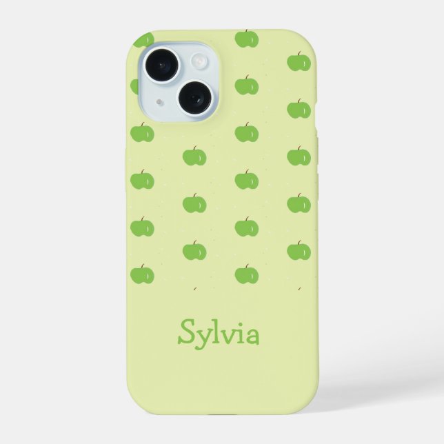 Green apples pattern monogram iPhone 15 case (Back)