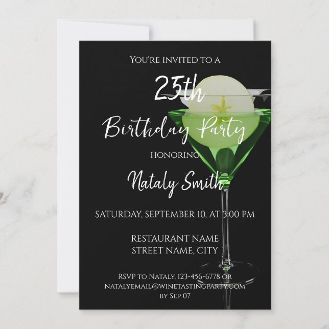 Green appletini cocktail with slice of apple invitation (Front)