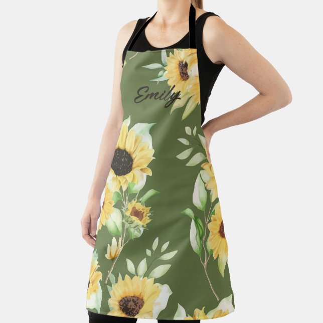 Green Aprons with Cheerful Sunflower Prints (Insitu)
