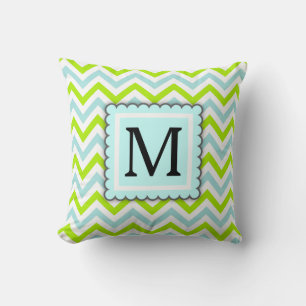 Green & Aqua Blue Chevron Custom Monogram Cushion