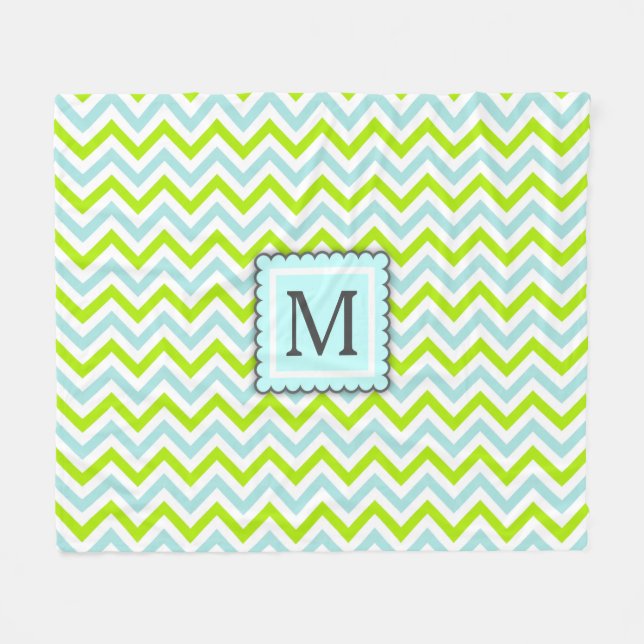 Green & Aqua Blue Chevron Custom Monogram Fleece Blanket (Front (Horizontal))